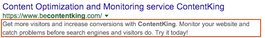Для домашней страницы ContentKing Google отображает следующее мета-описание: